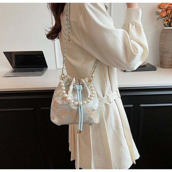 Chic Pearl Handle Embroidered Handbag /Multiple colors available - Picture 7 of 16